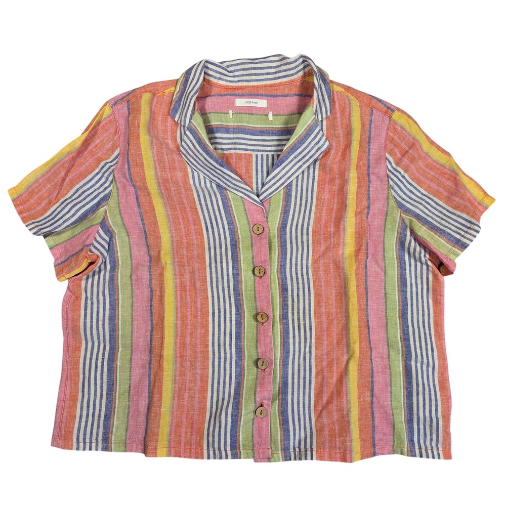 Linen Striped Short Sleeve Camp Shirt Multicolor Boxy Cropped Top Boho Beach